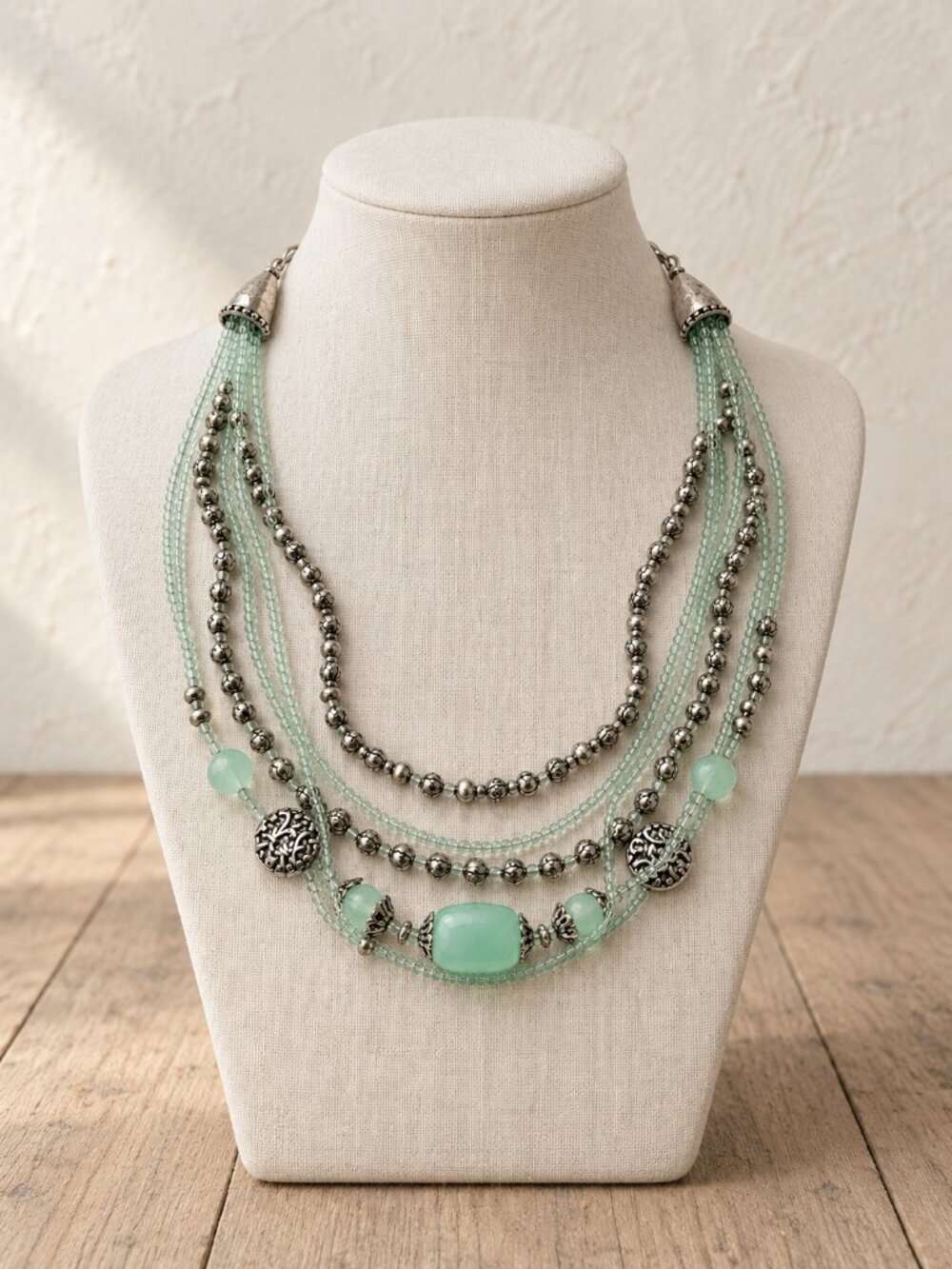 Premier Designs Multi Strand Statement Necklace Seafoam Green Silver Tone